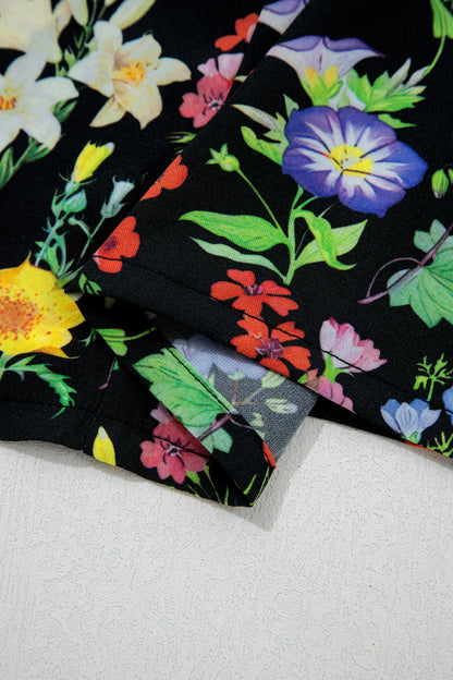 Black Tiered Flutter Sleeve V Neck Flower Blouse