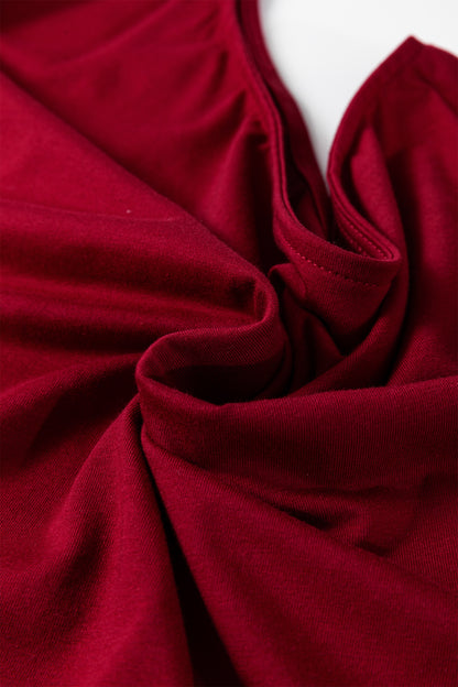 Burgundy Plus Size Solid Color Asymmetric Neck Short Sleeve Blouse