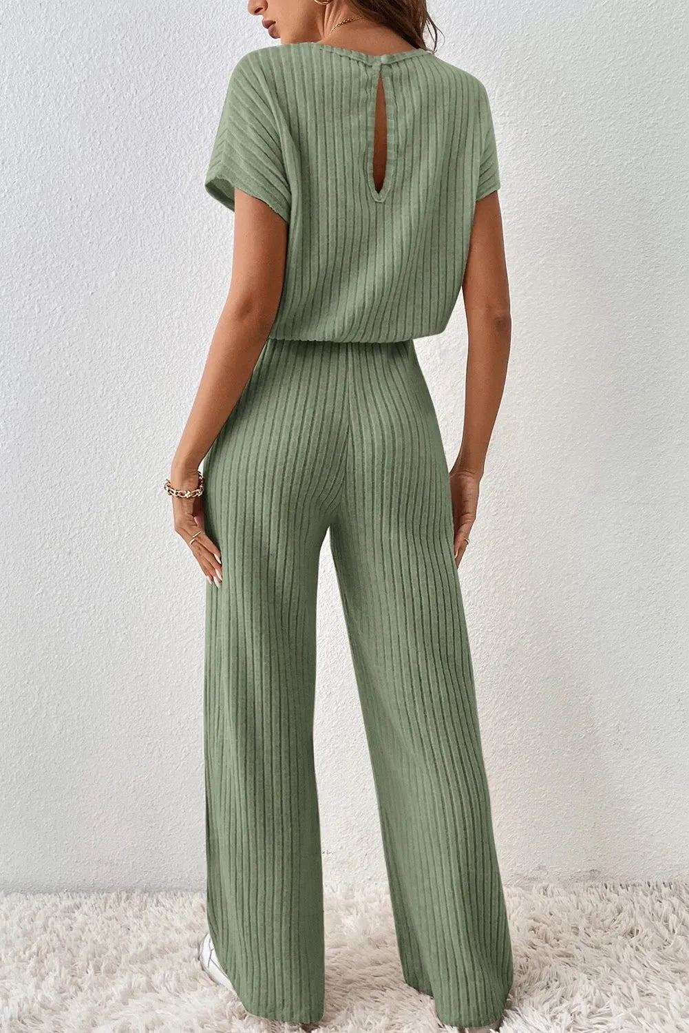 Grass Green Solid Color Ribbed Short Sleeve Wide Leg Jumpsuit - Chic Meadow Boutique 