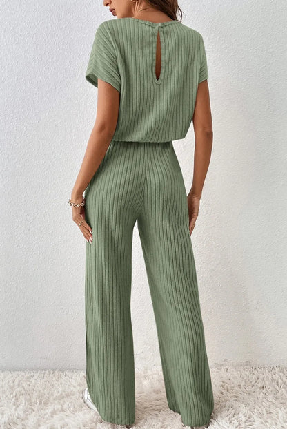 Grass Green Solid Color Ribbed Short Sleeve Wide Leg Jumpsuit - Chic Meadow Boutique 