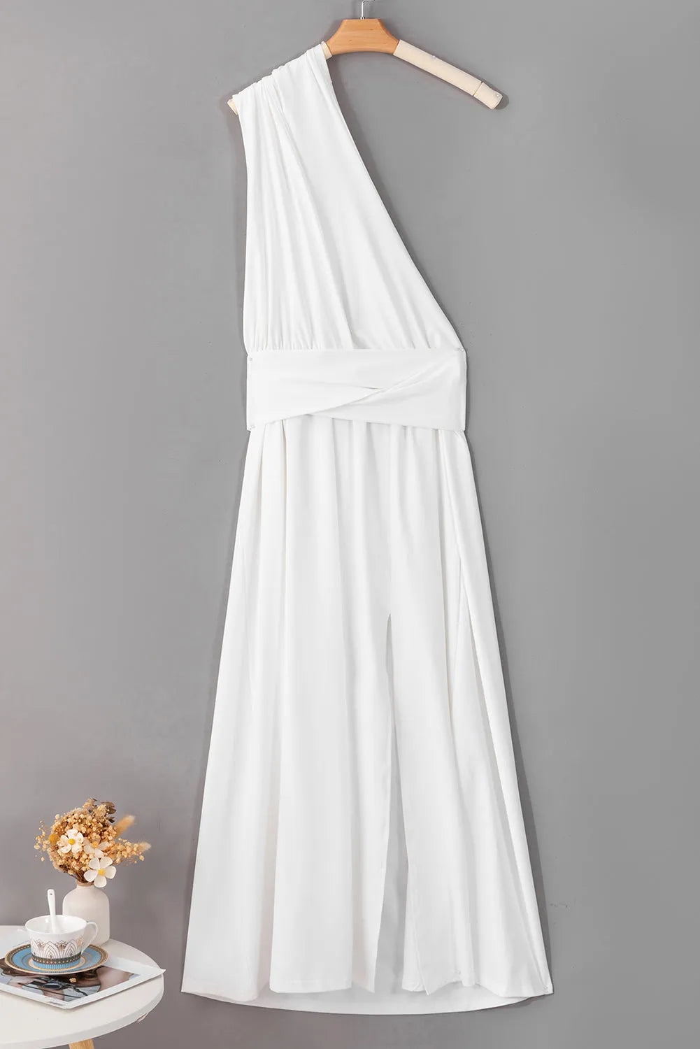 White Sleeveless Ruched High Split Cutout Back Maxi Dress - Chic Meadow Boutique 