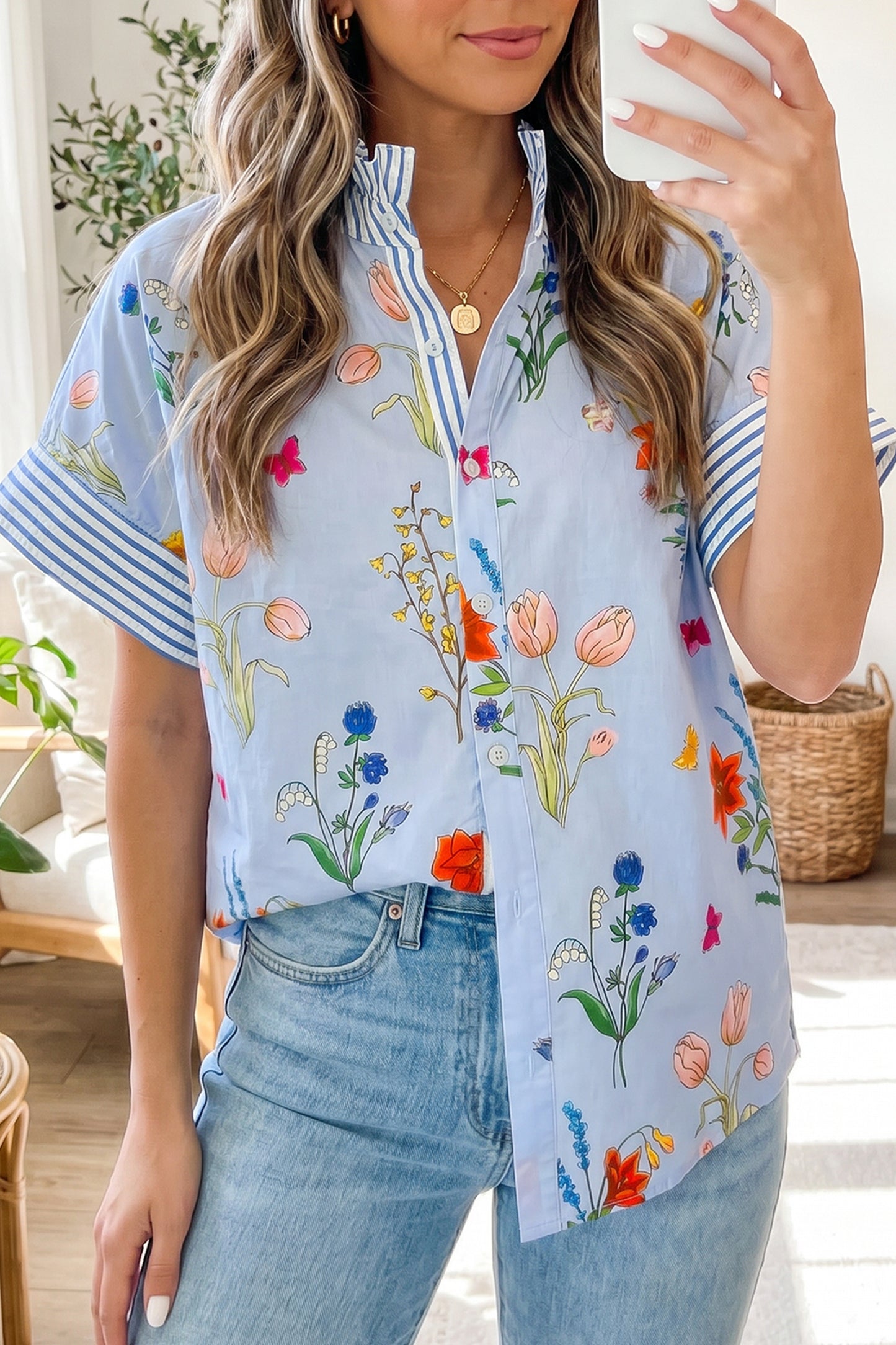 Sky Blue Floral Striped Patchwork Ruffled Collar Short Sleeve Shirt