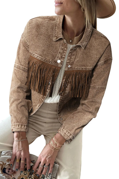 Brown Rhinestone Fringed Cowgirl Fashion Denim Jacket - Chic Meadow Boutique 