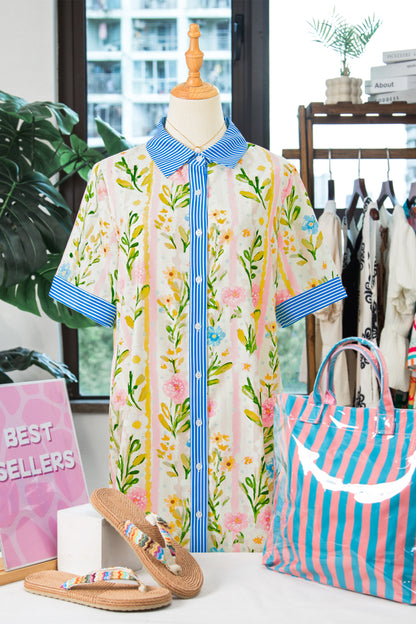 Multicolour Floral Print Striped Trim Button Down Shift Dress