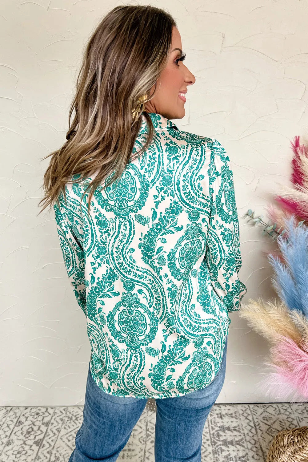 Green Paisley Print Smocked Cuff Buttoned Loose Shirt - Chic Meadow Boutique 