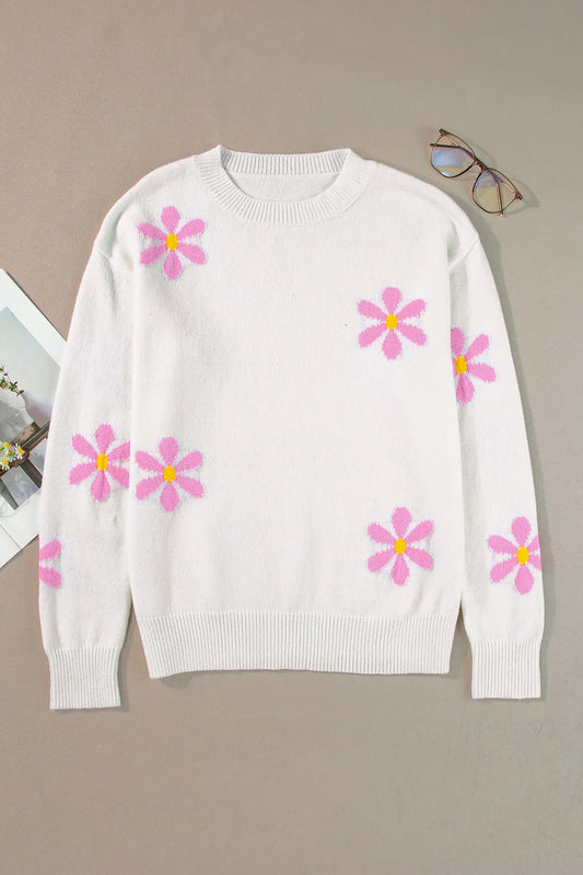 White Flower Pattern Ribbed Edge Elegant Sweater - Chic Meadow Boutique 