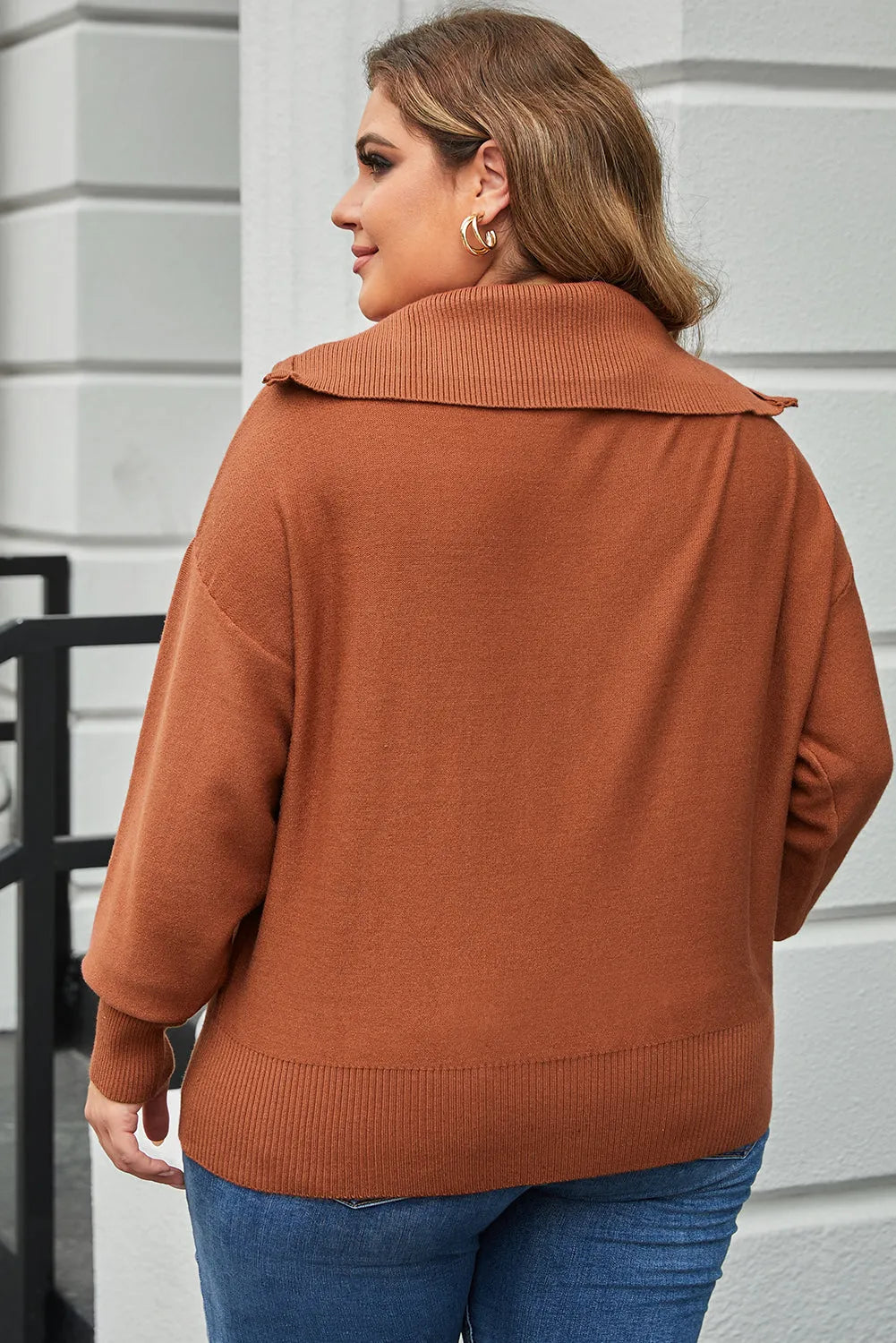 Brown Solid Ribbed Trim Plus Size Zip Collar Sweater - Chic Meadow Boutique 