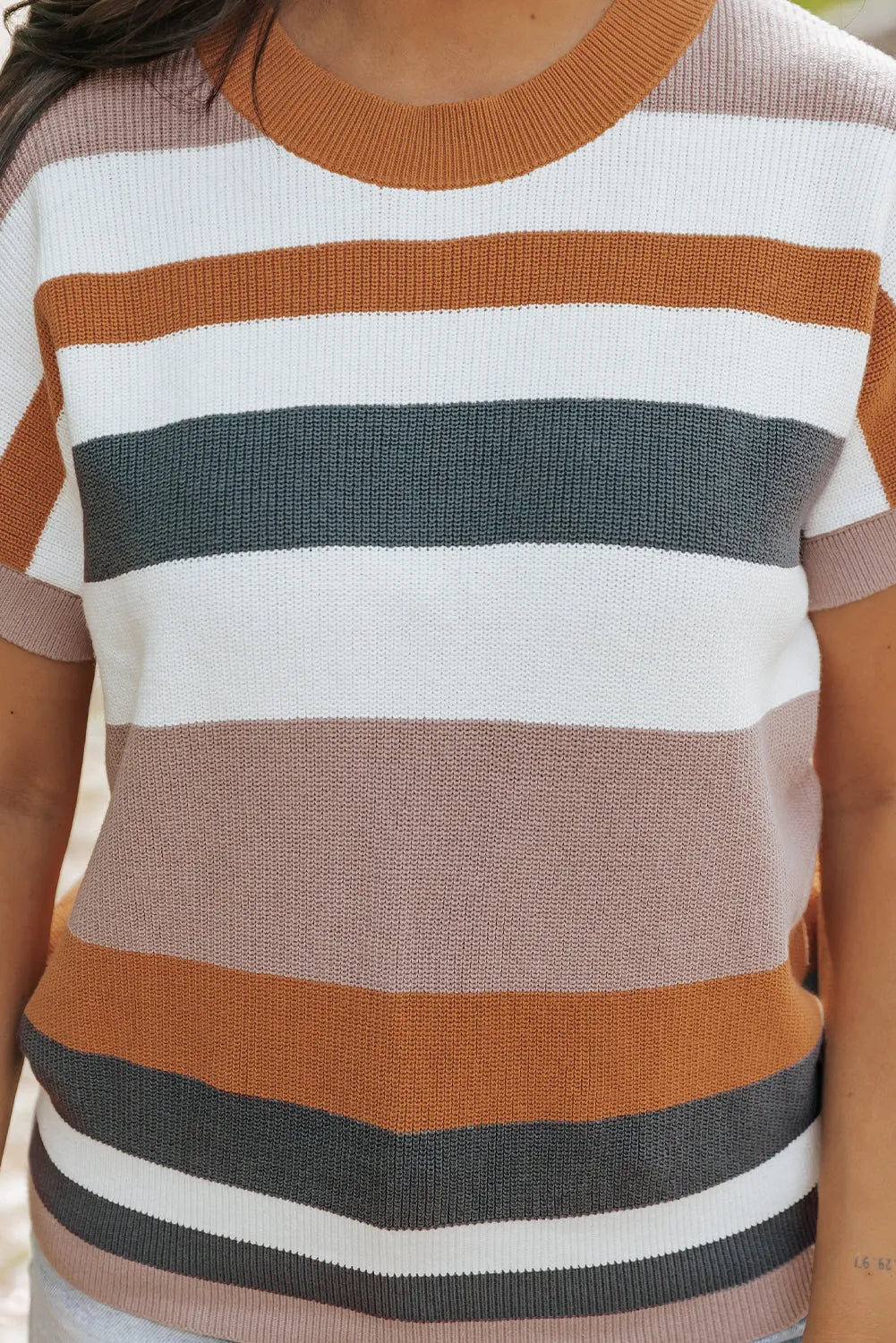 Camel Striped Knit Crew Neck T Shirt Sweater - Chic Meadow Boutique 