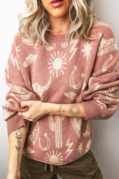 Peach Blossom Western Print Drop Shoulder Round Neck Long Sleeve Sweater