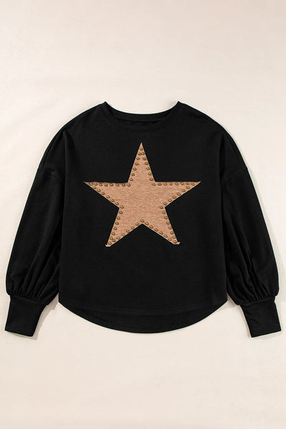 Black Studded Star Graphic Oversized Long Sleeve Top - Chic Meadow Boutique 