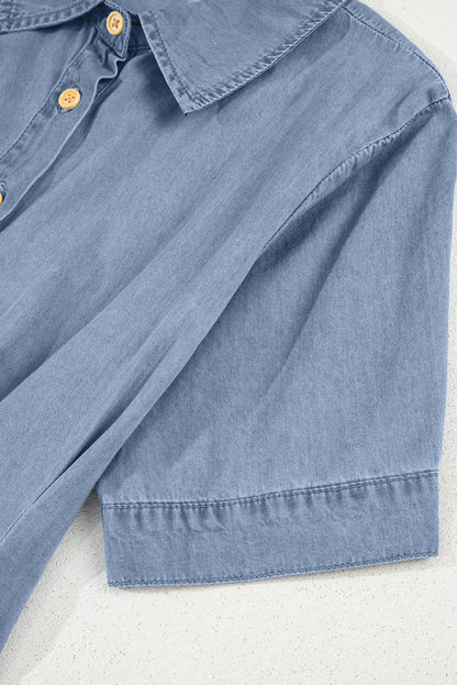 Myosotis Denim Pleated Slim Waist Short Sleeve Shirt Dress