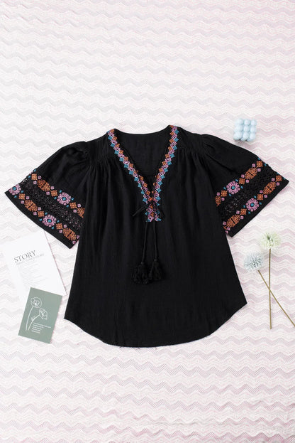 Black Tassel Drawstring Embroidered Half Sleeve V Neck Top - Chic Meadow Boutique 