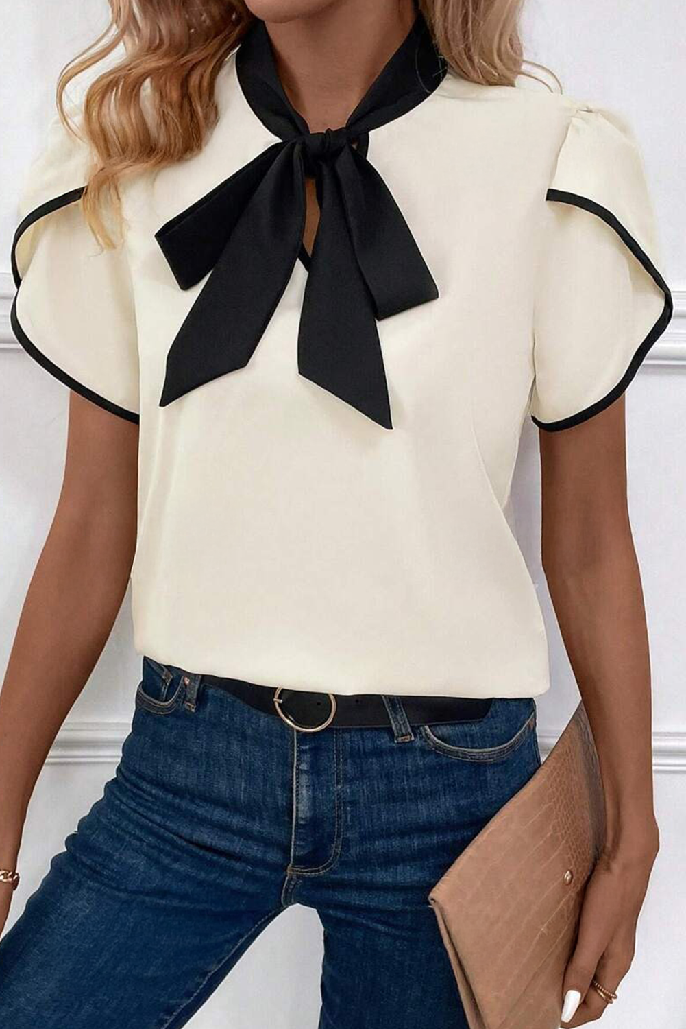 White Bow Knot Neckline Contrast Stripe Short Sleeve Blouse