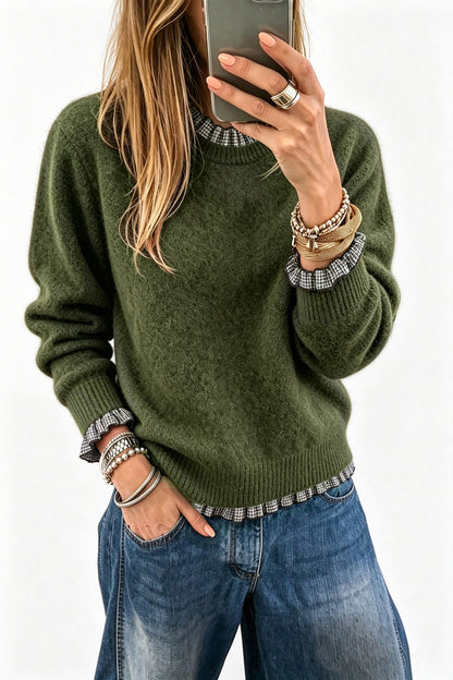 Vineyard Green Contrast Plaid Ruffle Trim Pullover Sweater