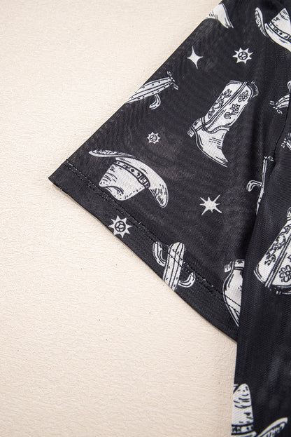 Black Western Pattern Mesh Sheer Crew Neck T Shirt