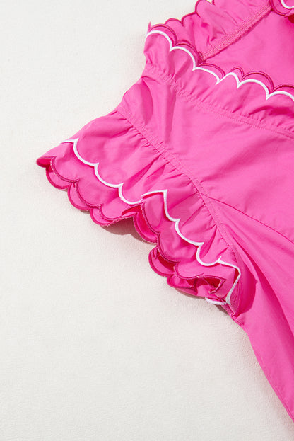 Bright Pink Contrast Scallop Trim Layered Short Sleeve V Neck Blouse
