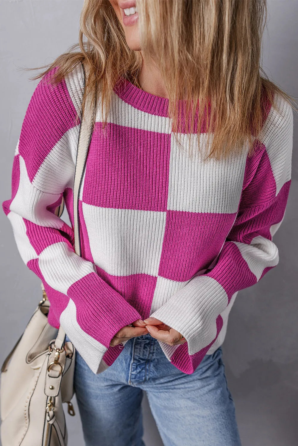 Bright Pink Checkered Round Neck Baggy Sweater - Chic Meadow Boutique 