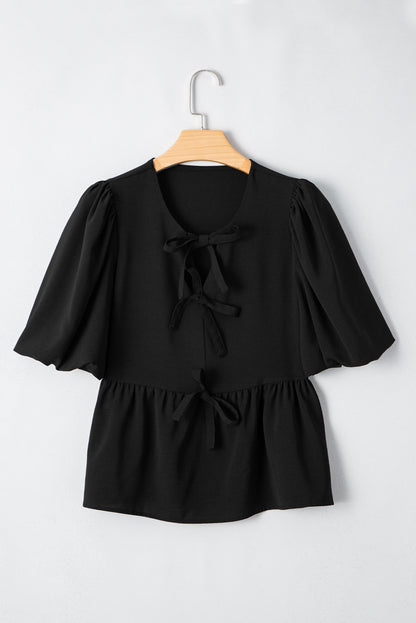 Black Puff Sleeve Bowknot Front Peplum Blouse