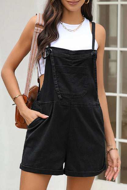 Black Grommet Tie Straps Casual Denim Romper - Chic Meadow Boutique 