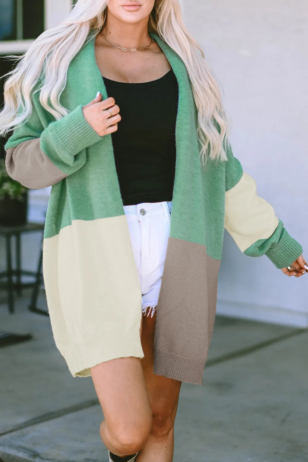 Green Colorblock Draped Open Front Chunky Cardigan - Chic Meadow Boutique 