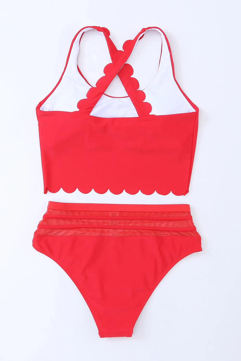 Fiery Red Scalloped Criss Cross High Waist Bikini - Chic Meadow Boutique 