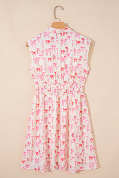 Pink Full Zip Cinched Waist Sleeveless Bow Mini Dress