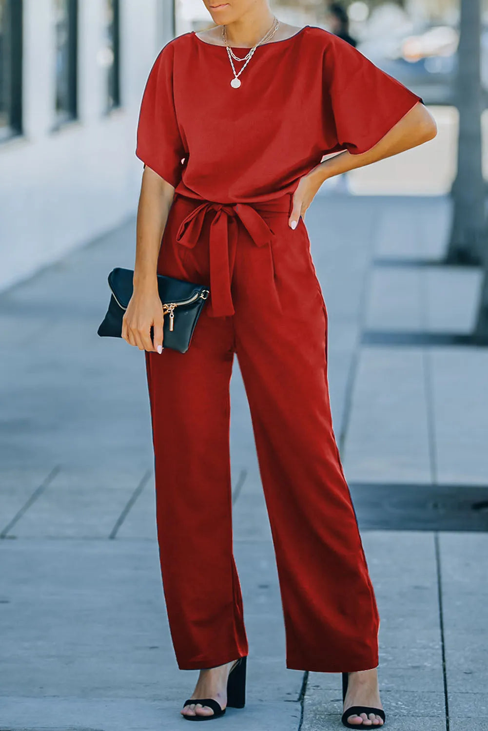 Fiery Red Belted Wide Leg Jumpsuit - Chic Meadow Boutique 