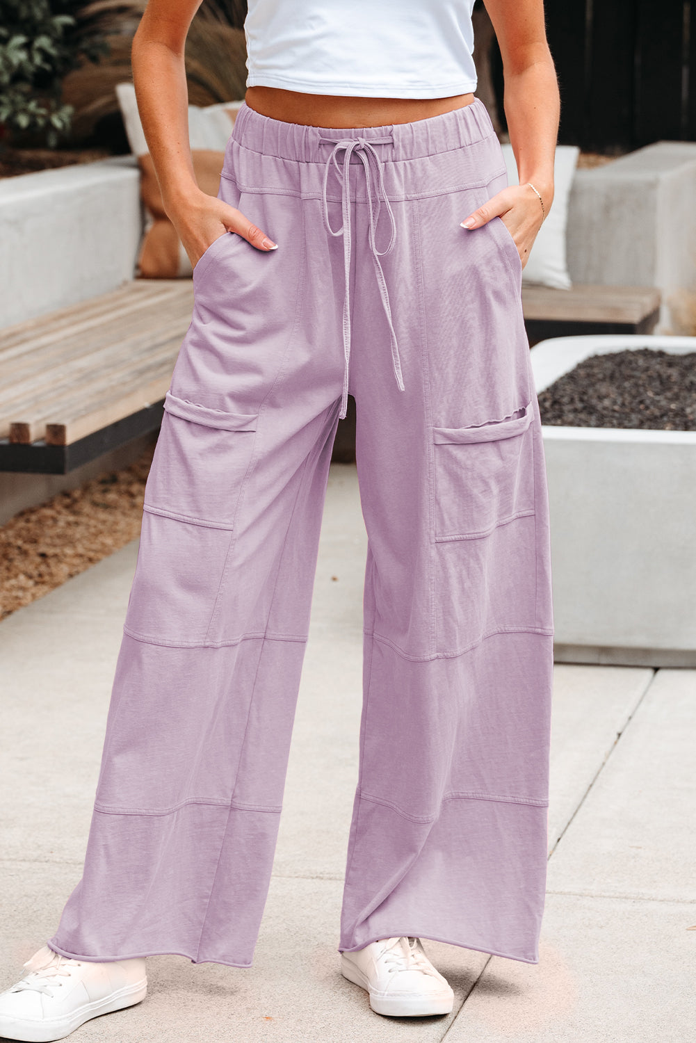 Pink Mineral Wash Exposed Seam Drawstring High Waist Wide Leg Cargo Pants