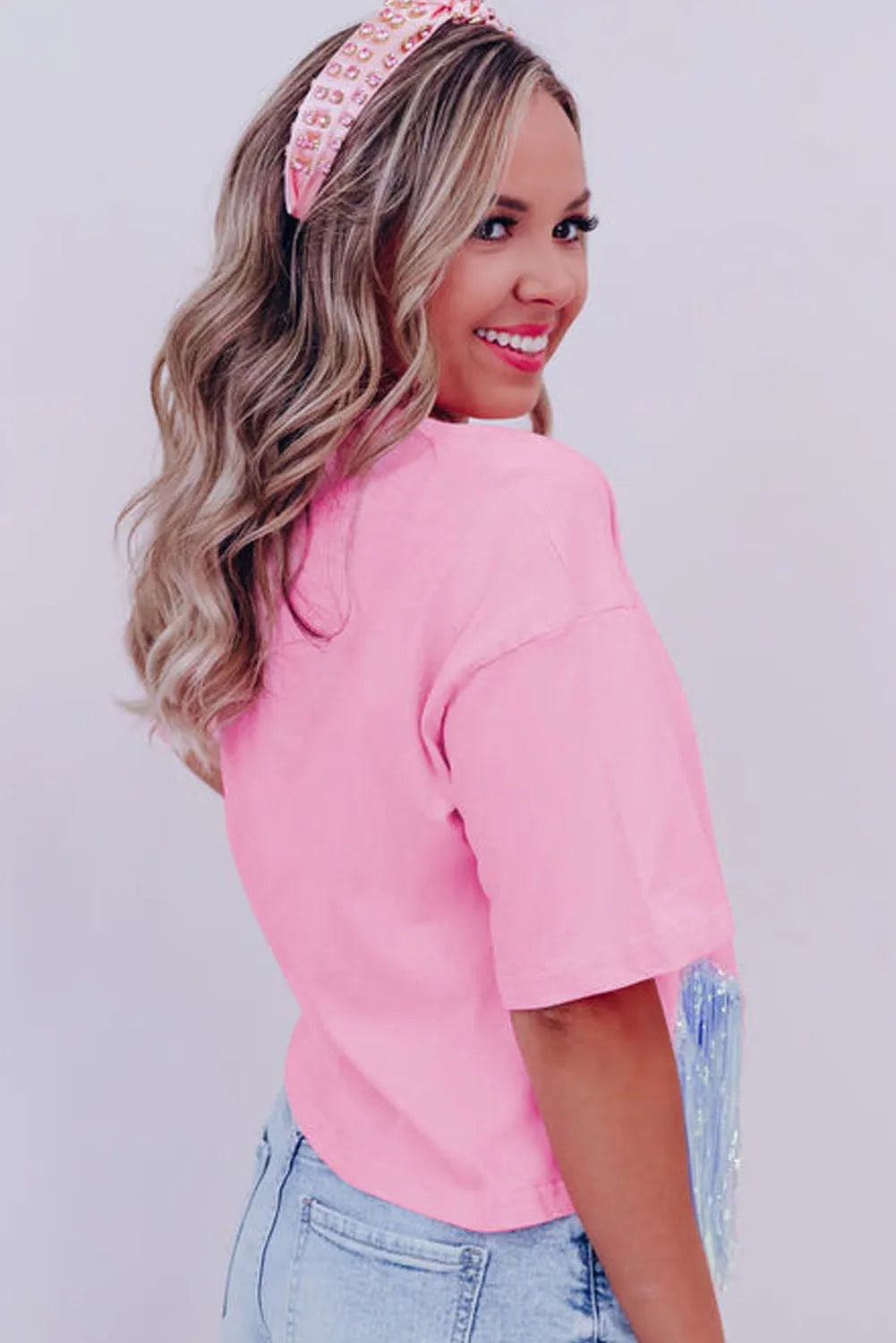 Pink Fringed Sequin Crop T-shirt - Chic Meadow Boutique 