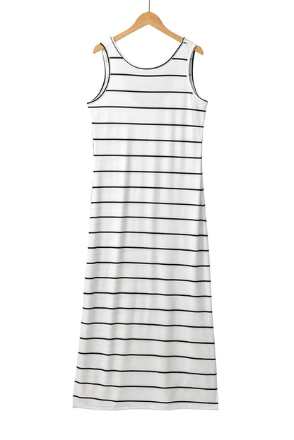 White Stripe Print Open Back Sleeveless Maxi Dress with Slits - Chic Meadow Boutique 