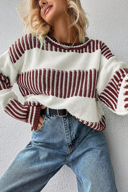 Brown Two Tone Striped Patchwork Drop Shoulder Loose Sweater