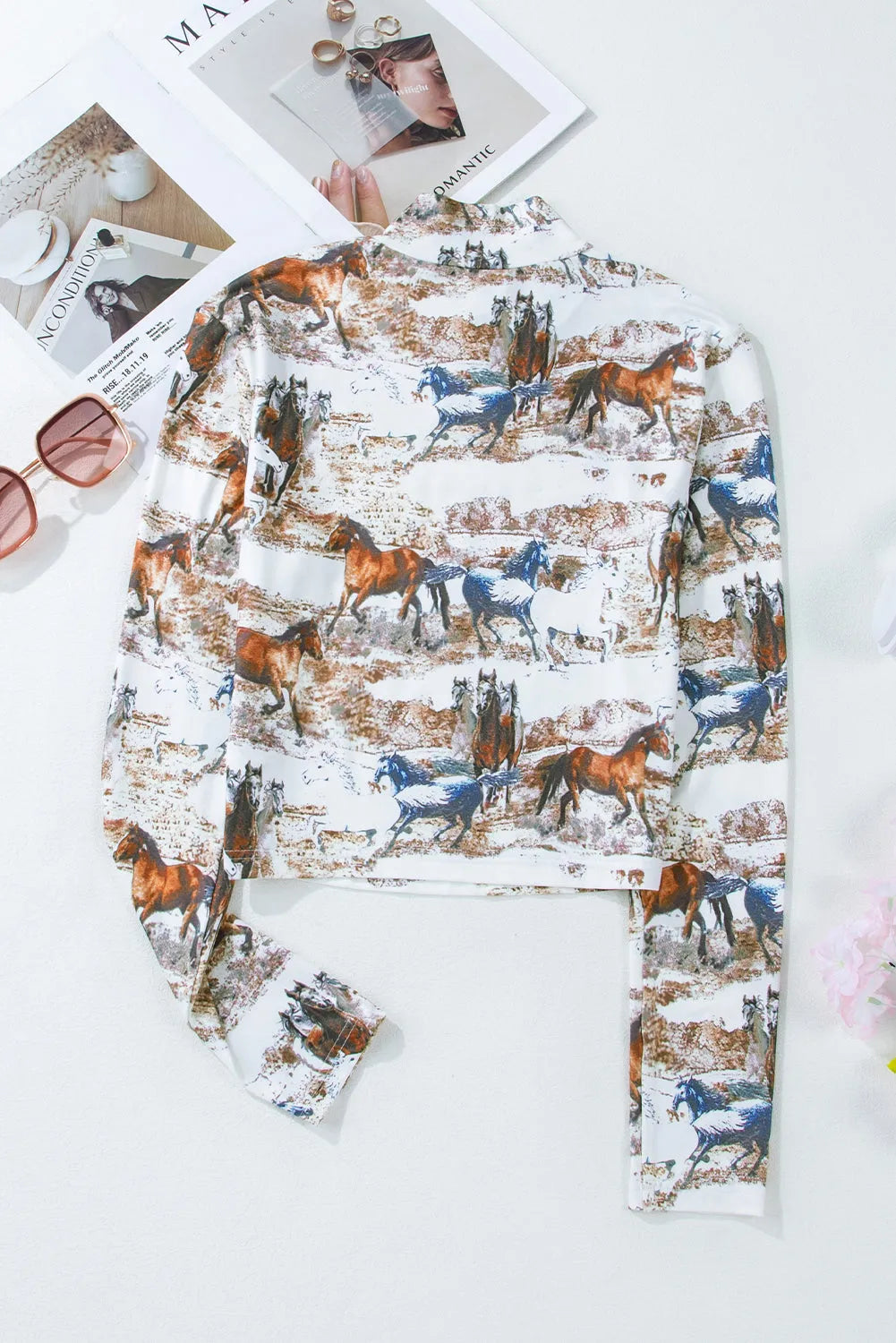 Brown Western Wild Horses Print Hollow-out High Neck Top - Chic Meadow Boutique 