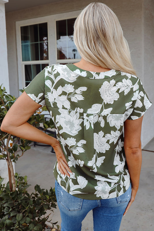 Green Floral Print Split Neck Short Sleeve Blouse