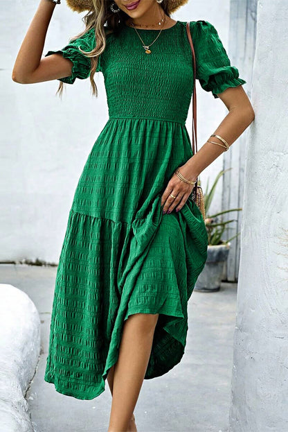 Dark Green Solid Textured Smocked Puff Short Sleeve High Waist Long Dress
