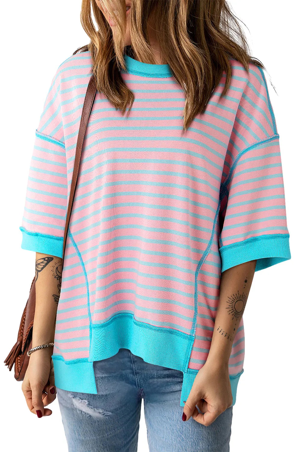 Pink Stripe Oversized Contrast Trim Exposed Seam High Low T Shirt - Chic Meadow Boutique 