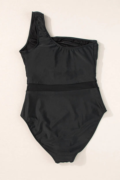 Black Mesh Insert One Shoulder High Waist Teddy Swimsuit - Chic Meadow Boutique 