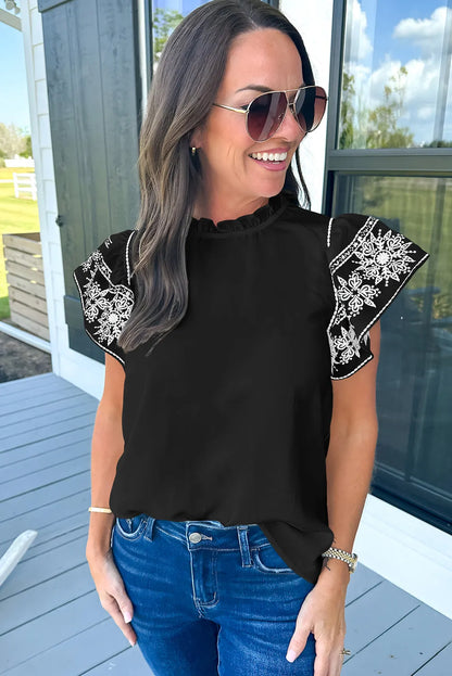 Black Embroidered Ruffled Sleeve Frilled Collar Blouse - Chic Meadow Boutique 