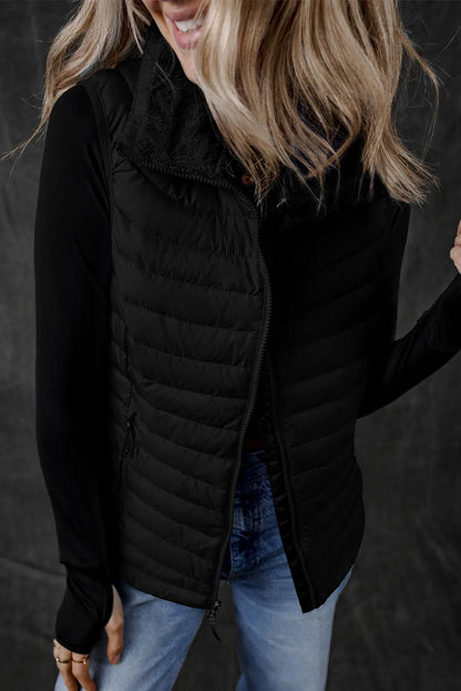 Black Plush Collared Quilted Zipped Puffer Vest - Chic Meadow Boutique 