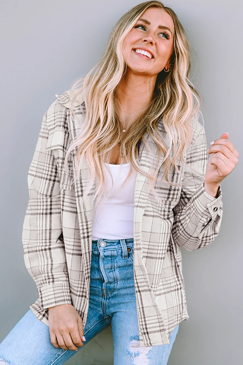 Khaki Plaid Removable Hood Buttoned Shacket - Chic Meadow Boutique 