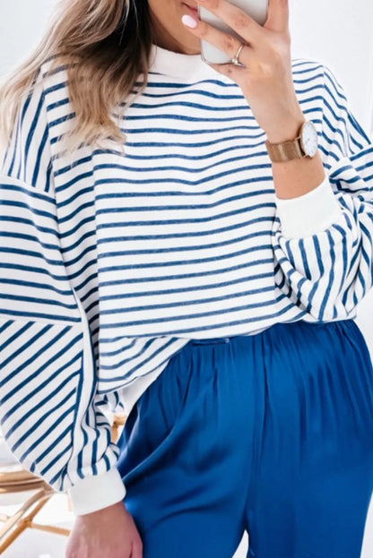 Blue Stripe Drop Shoulder Crew Neck Loose Sweatshirt - Chic Meadow Boutique 