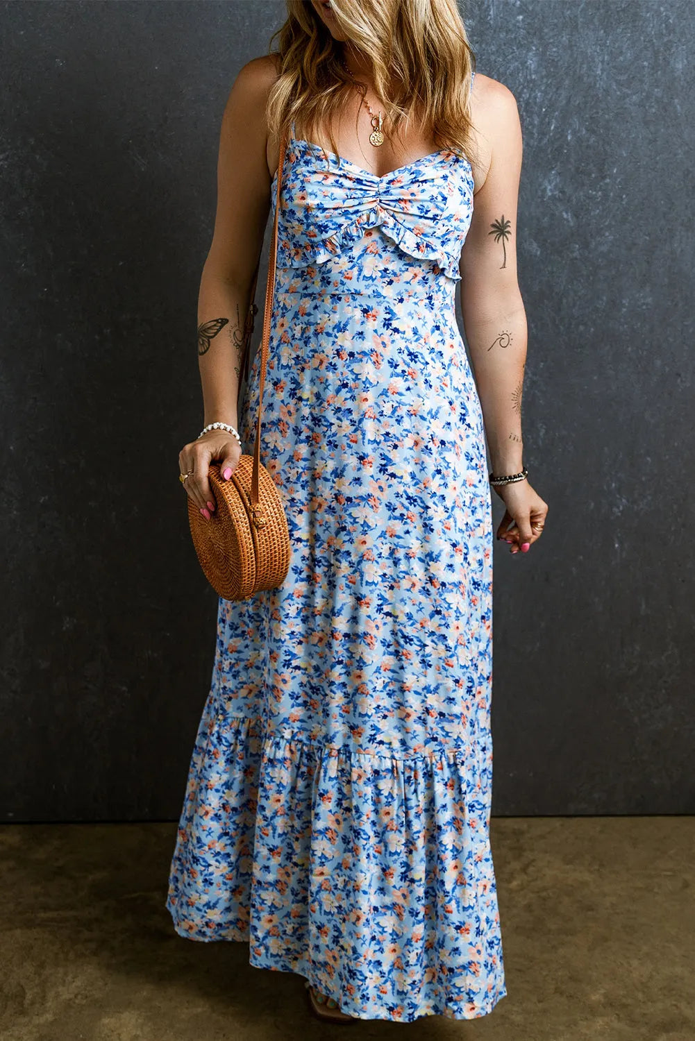 Sky Blue Floral Print Ruffled Ruched Maxi Dress - Chic Meadow Boutique 