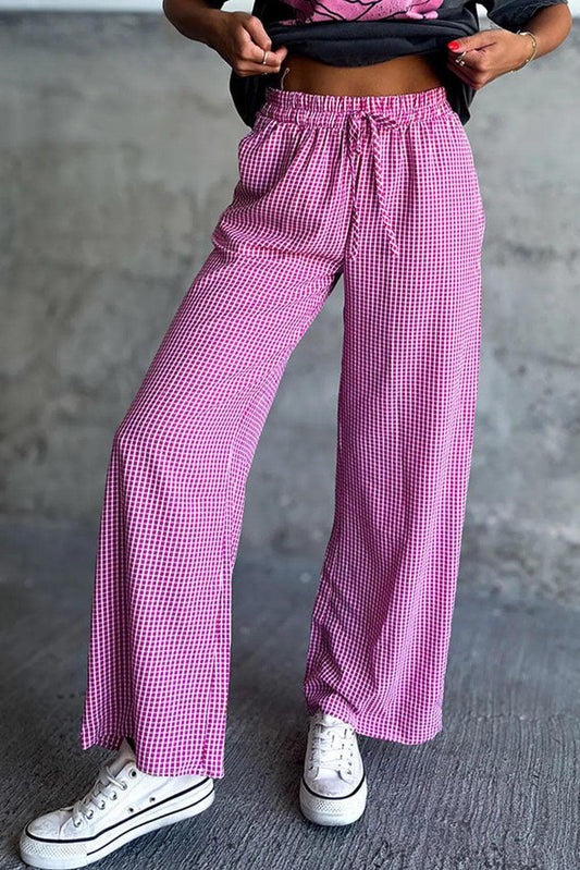 Bottoms/Pants & Culotte Pink / S / 100%Cotton Pink Plaid Print Drawstring High Waist Wide Leg Casual Pants