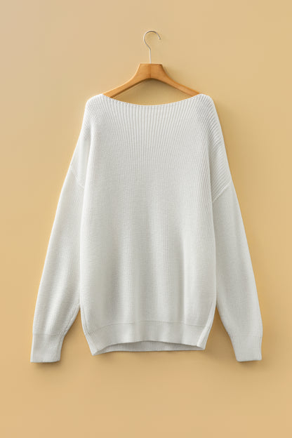 White Asymmetric Neck Drop Shoulder Baggy Slouchy Sweater