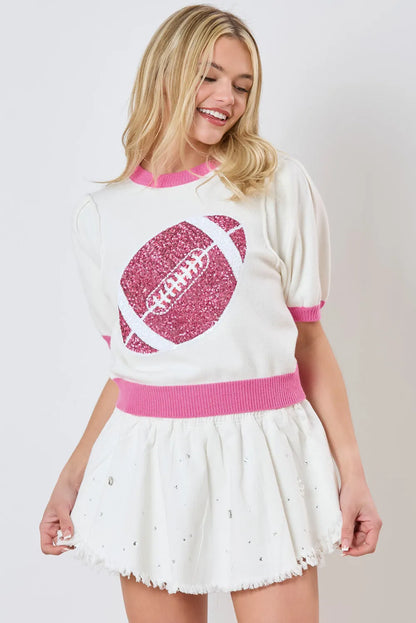 Pink Sequin Rugby Color Block Puff Short Sleeve Sweater - Chic Meadow Boutique 