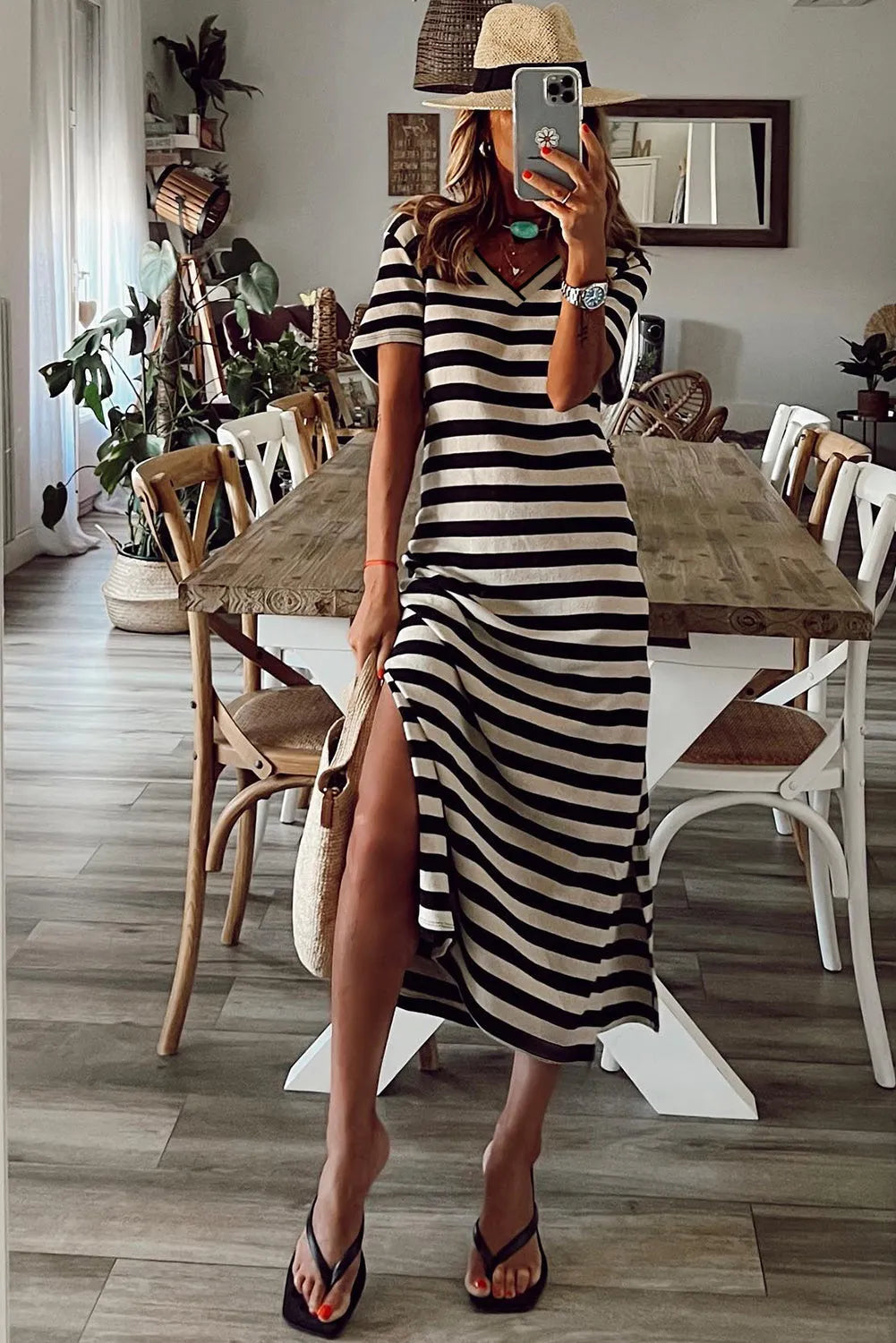 Black Stripe Print V Neck Maxi Dress with Side Splits - Chic Meadow Boutique 