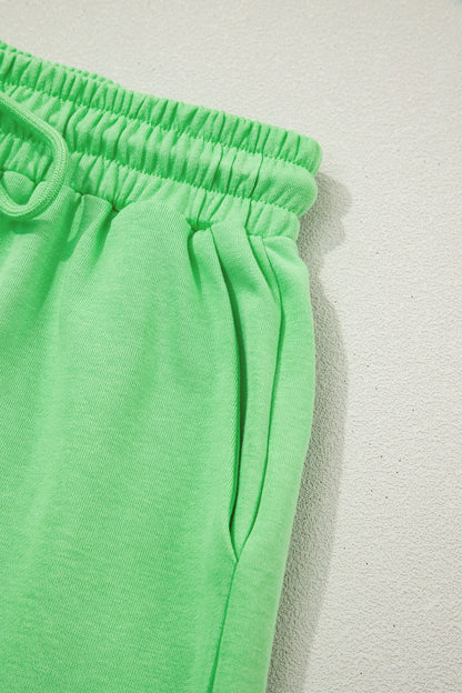 Green Solid Color Puffy Loose Top Drawstring Shorts 2pcs Outfit