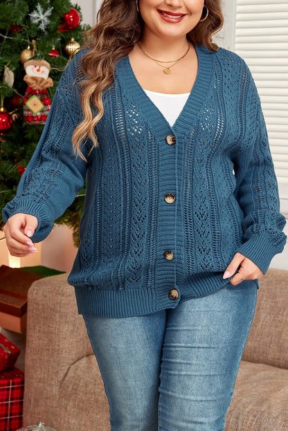 Real Teal Open Knit V Neck Button Front Drop Shoulder Plus Size Cardigan - Chic Meadow Boutique 