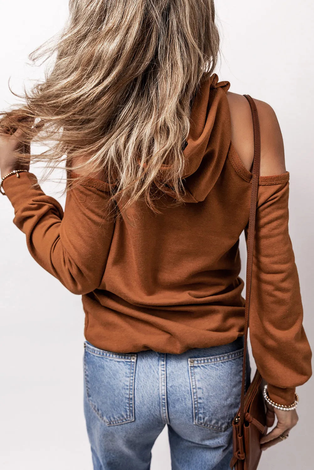 Cinnamon Exposed Seam Cold Shoulder Drawstring Hoodie - Chic Meadow Boutique 