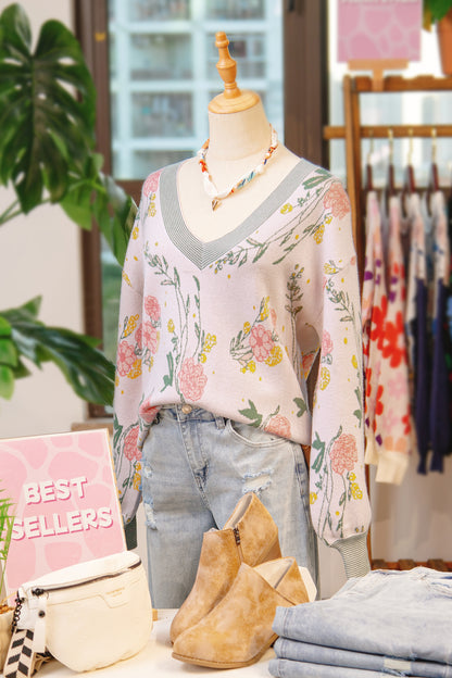 Pink Floral Pattern Striped V Neck Loose Sweater