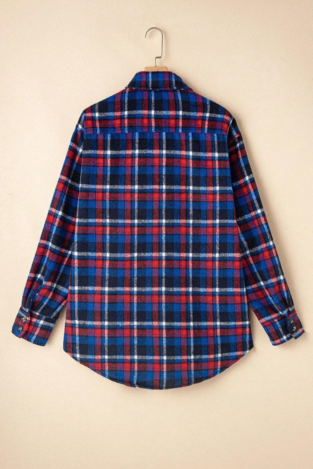 Outerwear/Plaid Shackets Navy Blue Plaid Flap Pocket Button Up Shacket